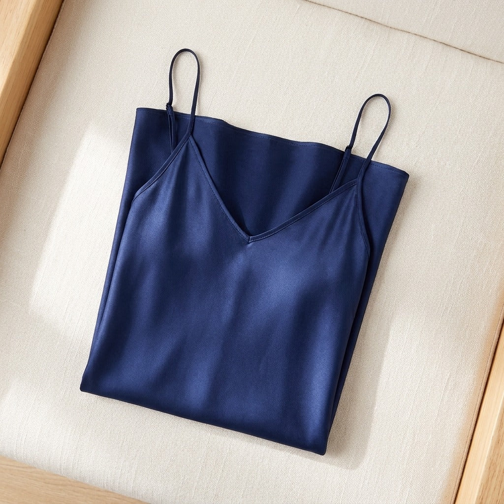 Robe Longue en Soie de Mûrier 21 Momme — Col V Bretelles Réglables 17 Coloris Femme - coloris bleu-marine | StudioSoie