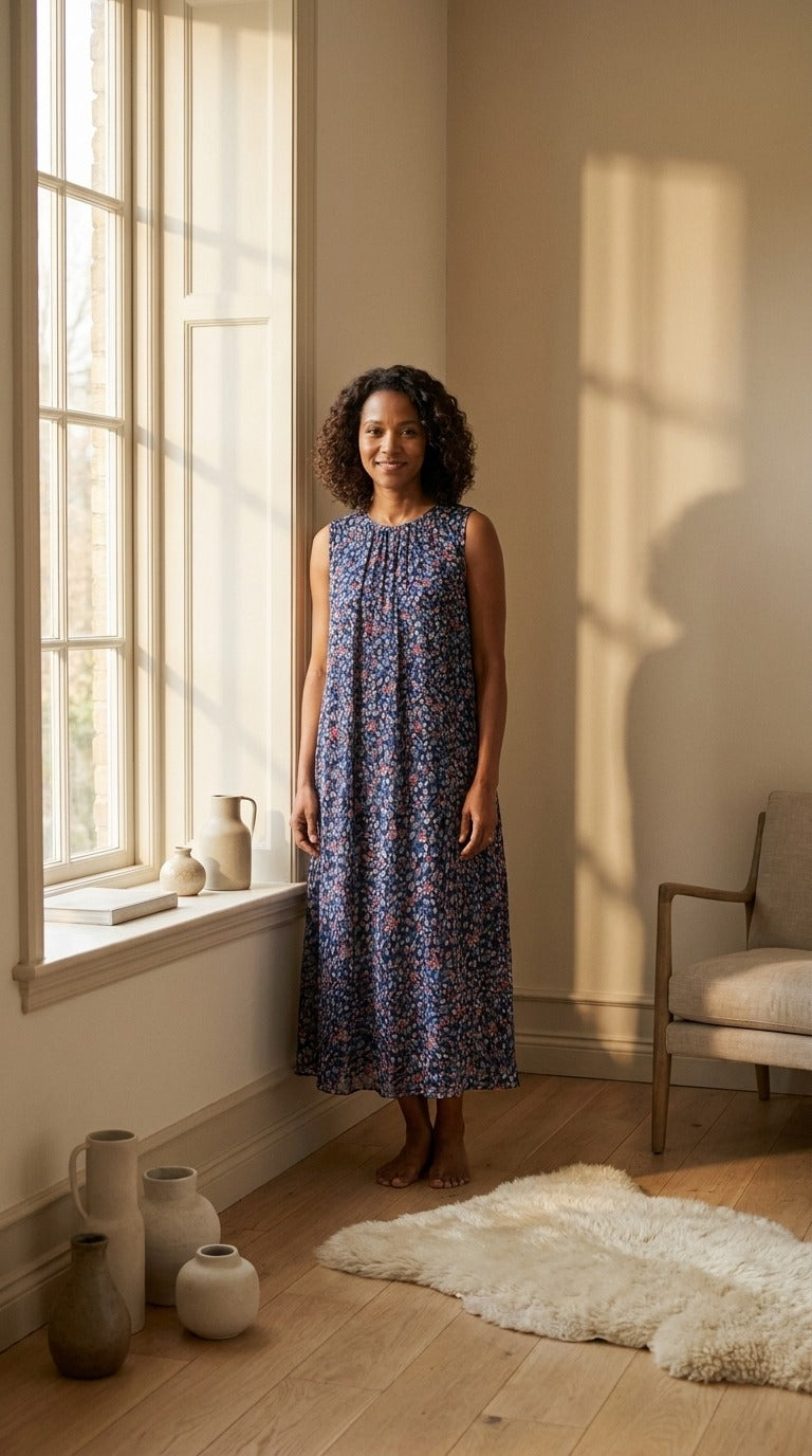 Robe Midi en Georgette de Soie — Double Épaisseur Imprimé Floral Femme — silhouette entière | StudioSoie
