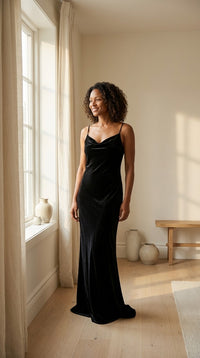 Robe en Velours de Soie 100 % — Bretelles Fines Col Drapé Noire Femme — silhouette entière | StudioSoie
