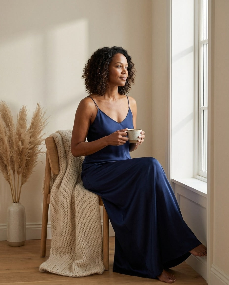 Robe Longue en Soie de Mûrier 21 Momme — Col V Bretelles Réglables 17 Coloris Femme — portée en intérieur | StudioSoie