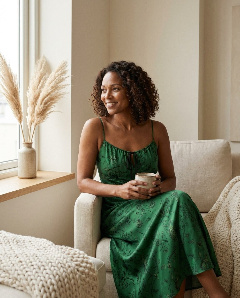 Robe Longue en Soie de Mûrier 100 % — Coupe Biais Imprimée Verte Femme — portée en intérieur | StudioSoie