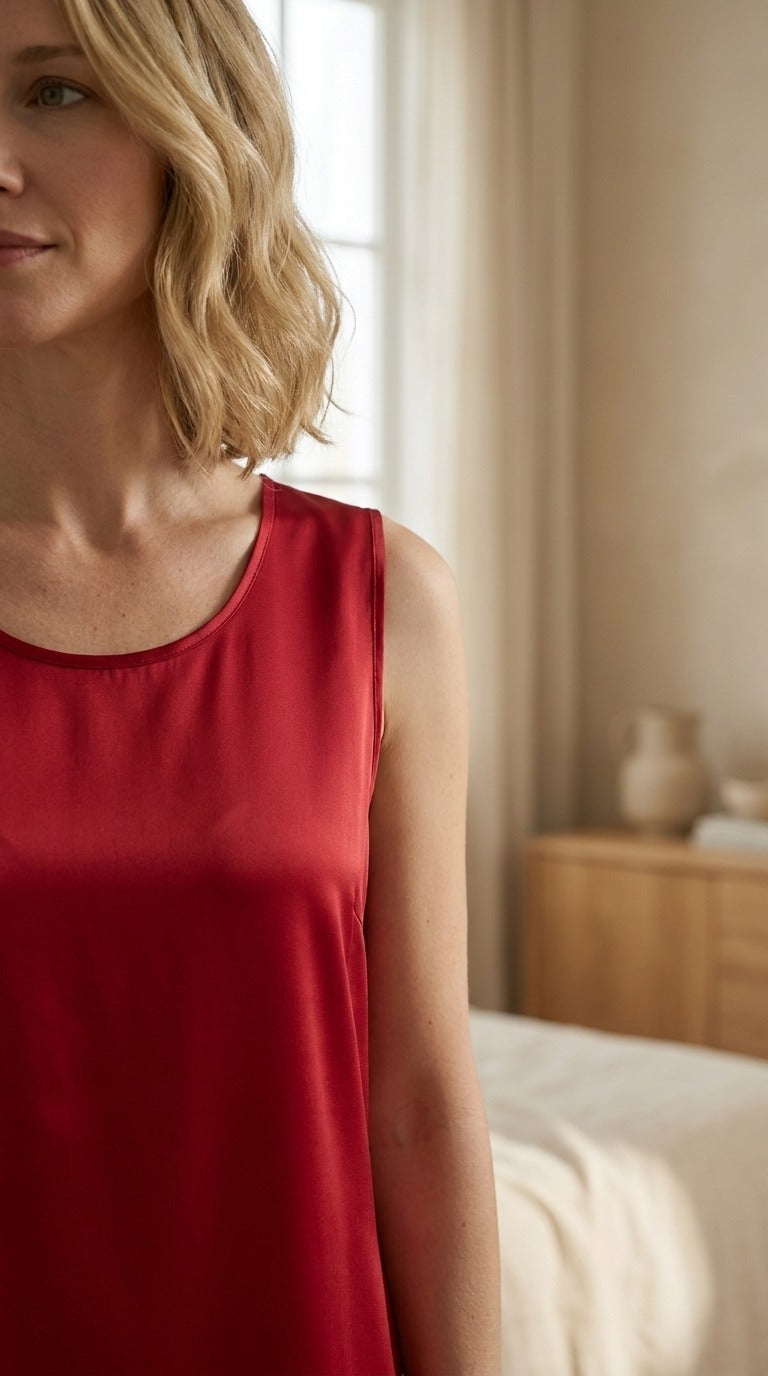 Mini Robe en Soie de Mûrier 100 % — Col Rond Unie 7 Coloris Femme — détail du décolleté | StudioSoie