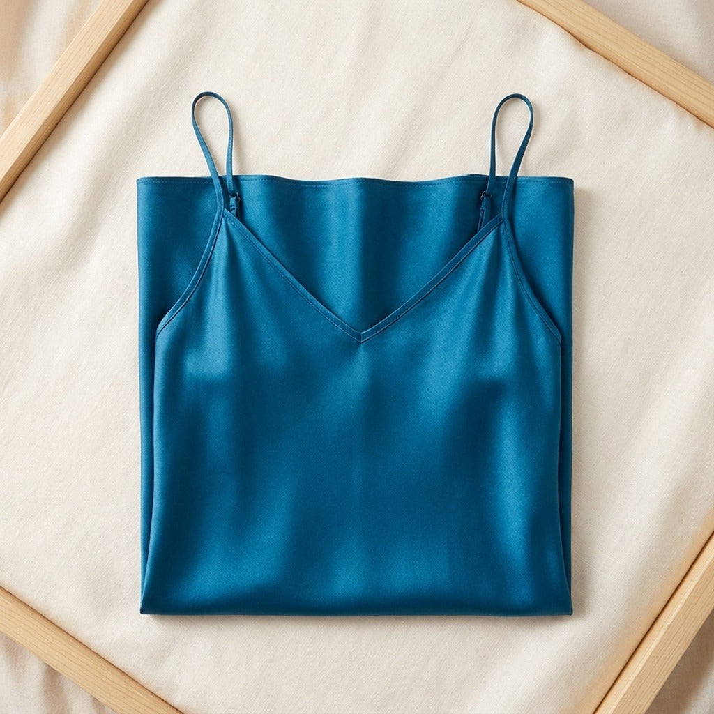 Robe Longue en Soie de Mûrier 21 Momme — Col V Bretelles Réglables 17 Coloris Femme - coloris bleu-paon | StudioSoie