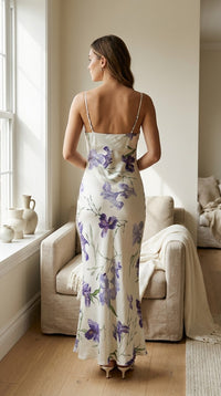 Robe longue en soie de mûrier coupe biais imprimé floral — vue de dos | StudioSoie