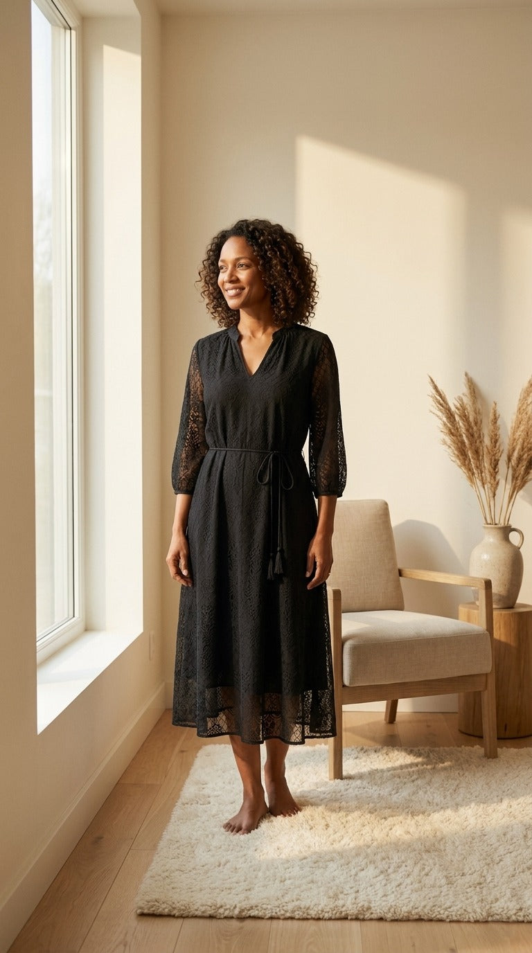 Robe en Soie de Mûrier 100 % — Col V Manches 3/4 Brodée Noire Femme — silhouette entière | StudioSoie