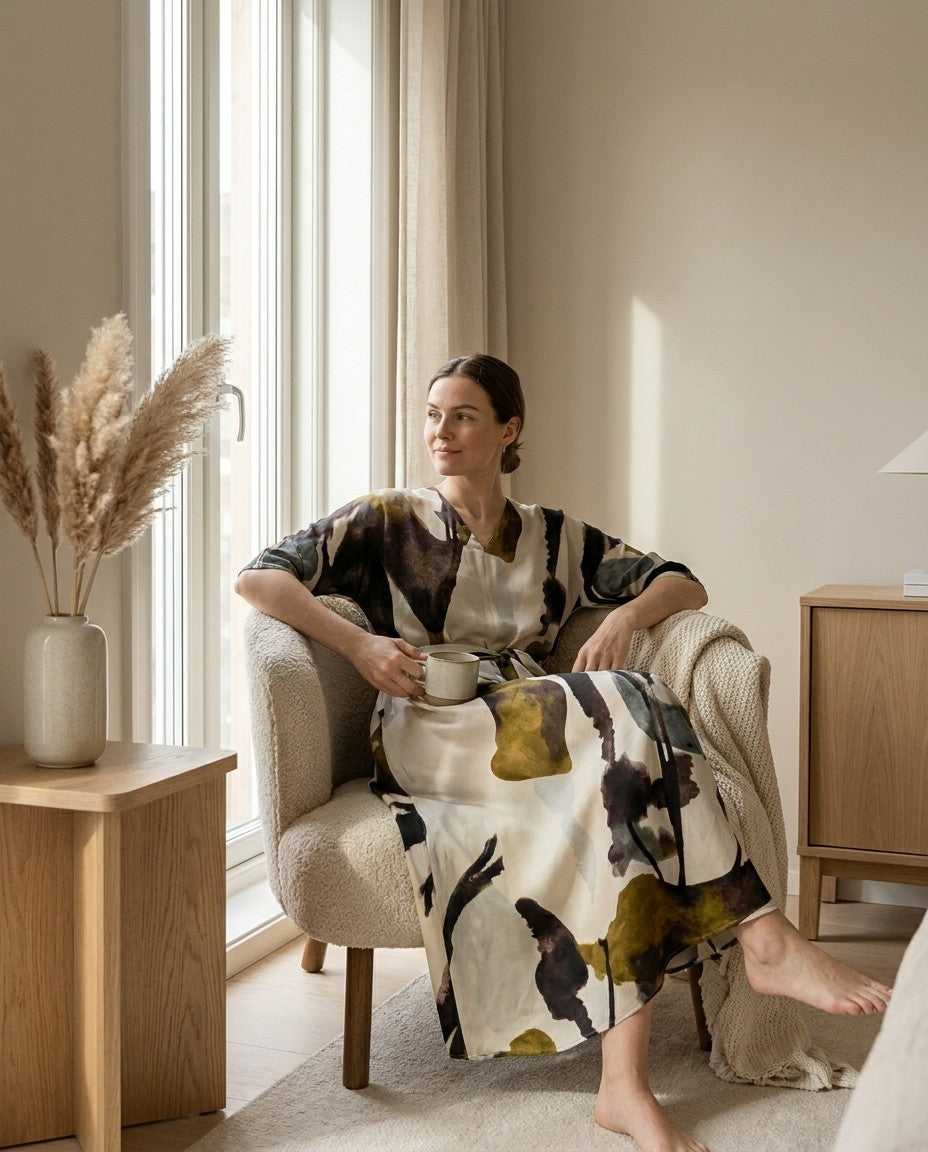 Robe midi en soie de mûrier col V ceinturée — porté en situation | StudioSoie