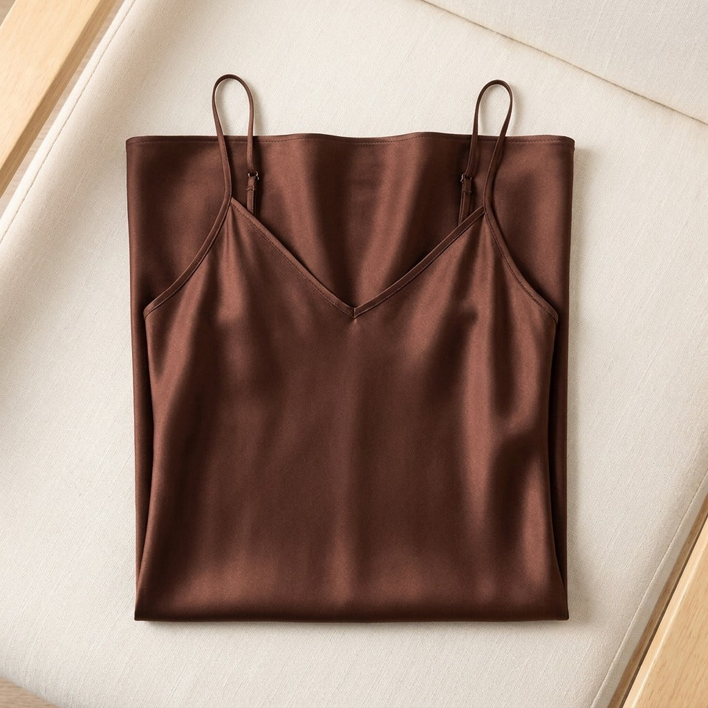 Robe Longue en Soie de Mûrier 21 Momme — Col V Bretelles Réglables 17 Coloris Femme - coloris brun-the | StudioSoie