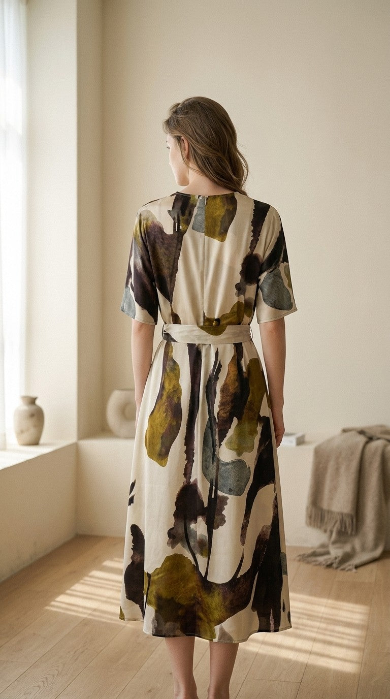 Robe midi en soie de mûrier col V ceinturée — vue de dos | StudioSoie