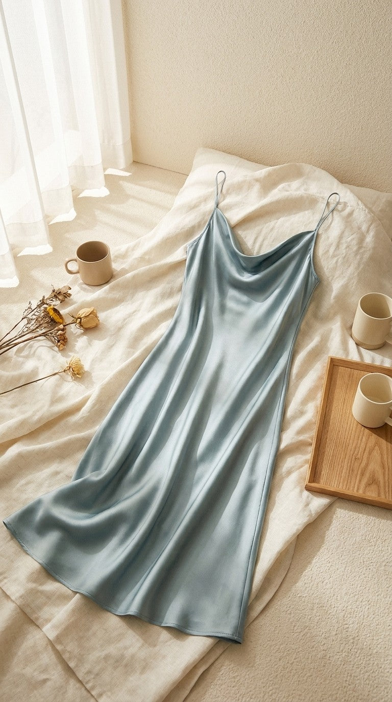 Robe mi-longue en soie de mûrier col drapé — à plat sur lin | StudioSoie