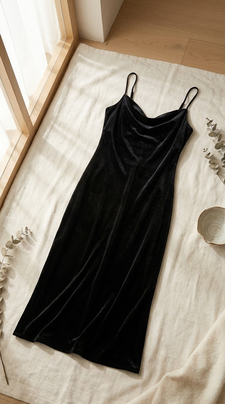 Robe en Velours de Soie 100 % — Bretelles Fines Col Drapé Noire Femme — à plat sur lin | StudioSoie