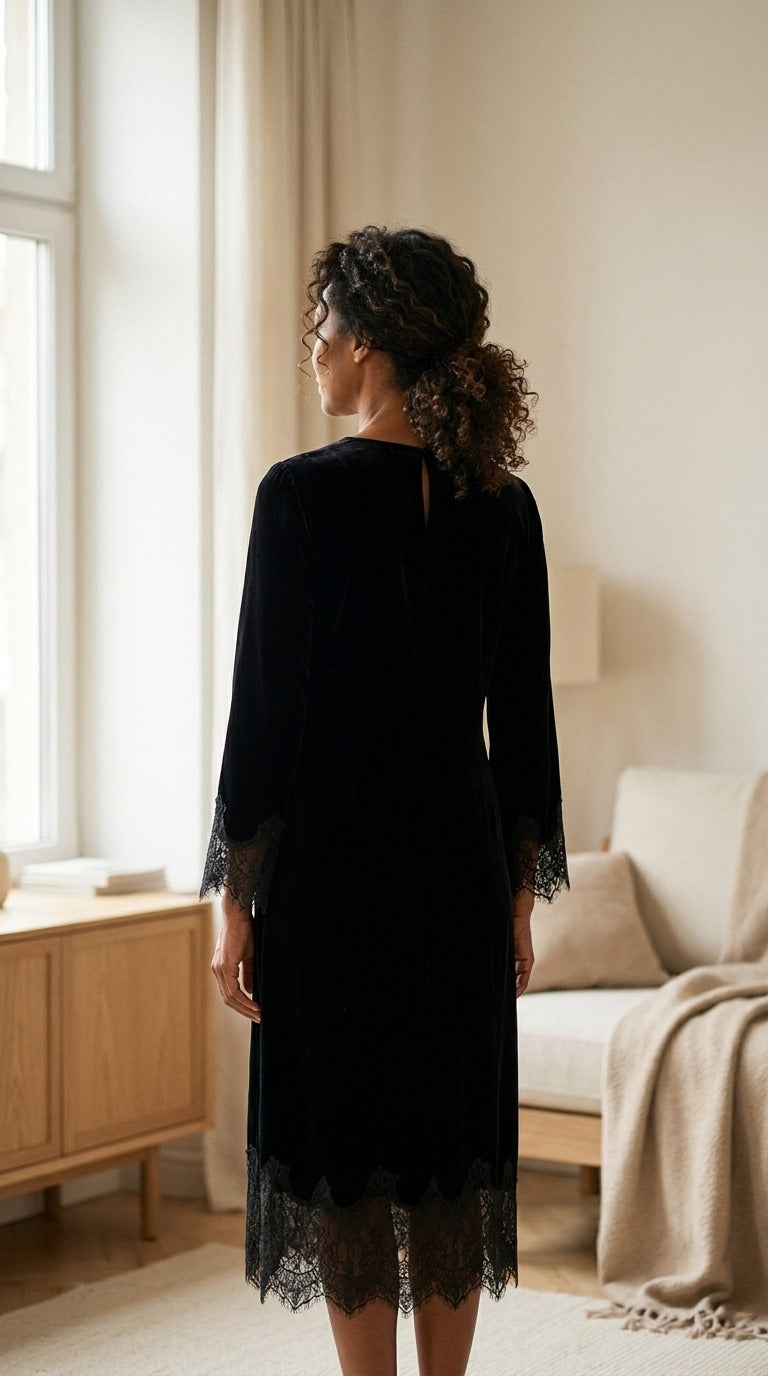 Robe Midi en Velours de Soie 100 % — Col Rond Bordée de Dentelle Femme — vue de dos | StudioSoie