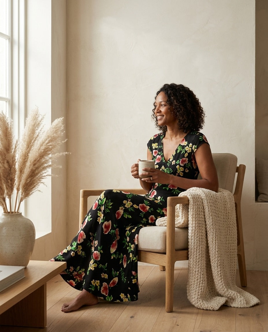 Robe Longue en Crêpe de Soie 100 % — Col V Imprimé Floral Femme — portée en intérieur | StudioSoie