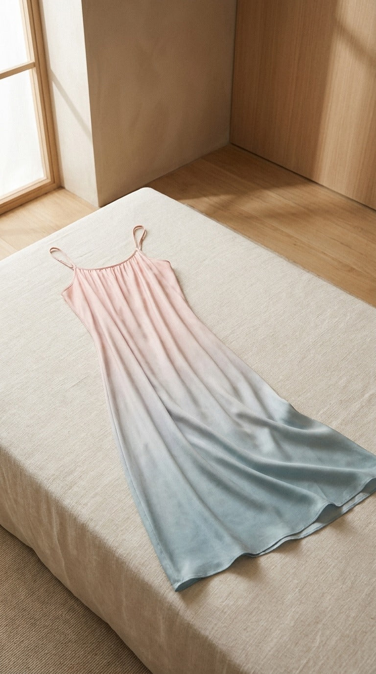 Robe Nuisette en Soie de Mûrier — Dégradé Coupe A Sans Manches Femme — à plat sur lin | StudioSoie