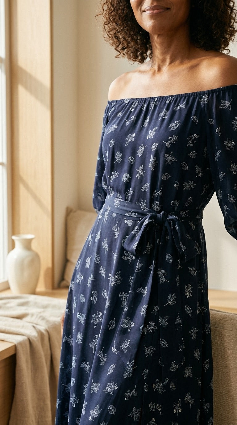 Robe Longue en Double Georgette de Soie — Épaules Dénudées Ceinturée Femme — détail du décolleté | StudioSoie