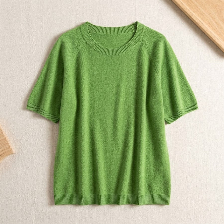 Pull en laine mérinos 100% col rond manches courtes femme - coloris Vert Pomme | StudioSoie