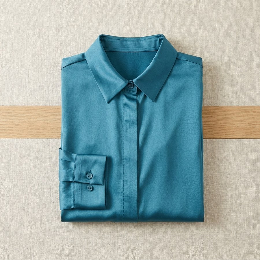 Chemisier en soie de mûrier 93% manches longues femme - coloris Bleu Malachite | StudioSoie