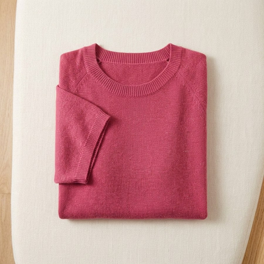 Pull en laine mérinos 100% col rond manches courtes femme - coloris Rose | StudioSoie