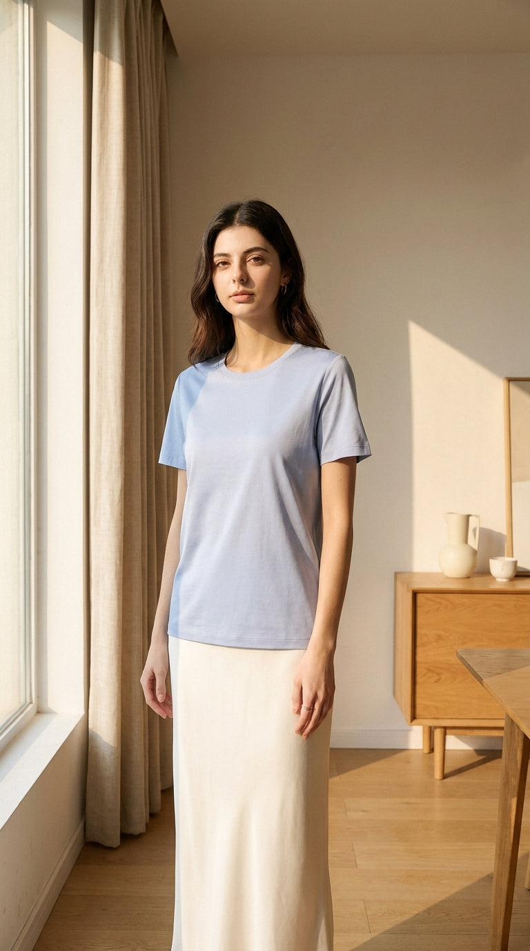 T-shirt en soie vue complète près d’une fenêtre - StudioSoie