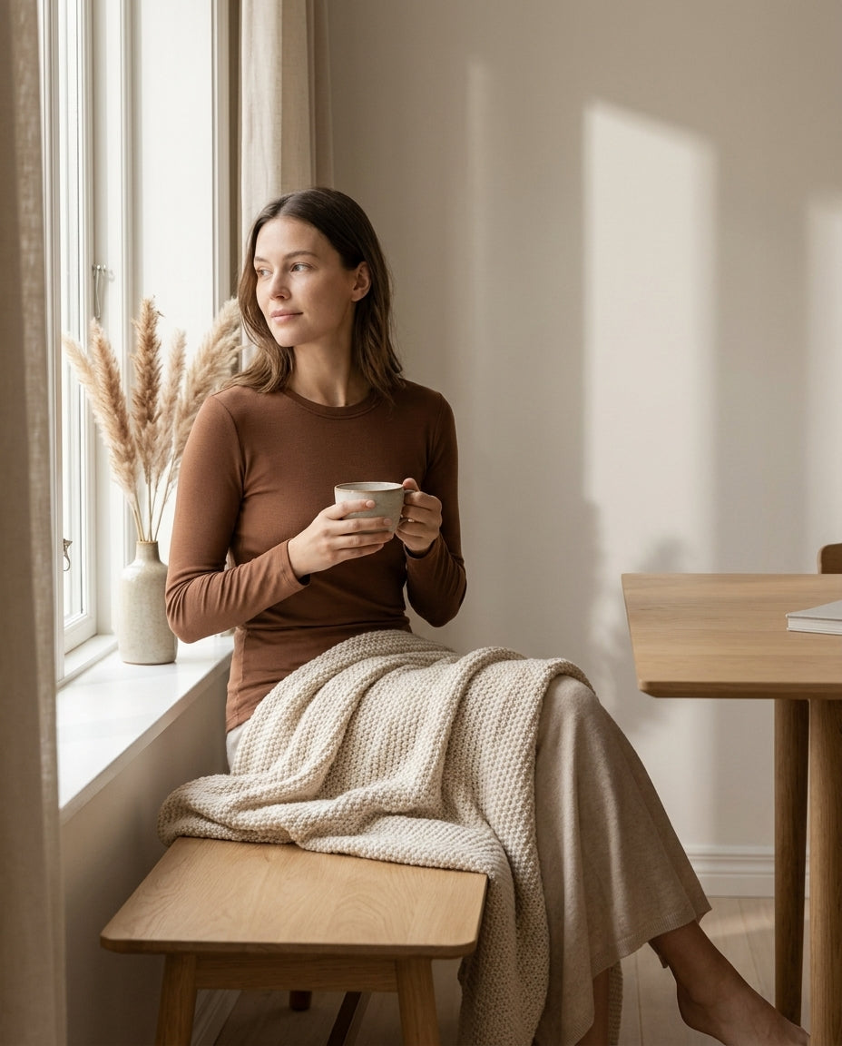 Sous-pull en soie porté dans une scène cosy du matin - StudioSoie