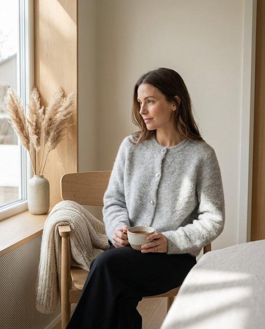 Cardigan en alpaga porté dans une scène cosy du matin - StudioSoie
