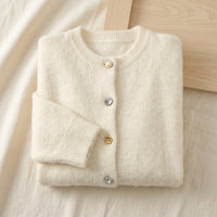 Cardigan en alpaga 78% boutonné col rond femme - coloris Blanc Crème | StudioSoie