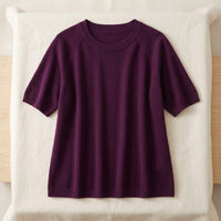 Pull en laine mérinos 100% col rond manches courtes femme - coloris Prune | StudioSoie