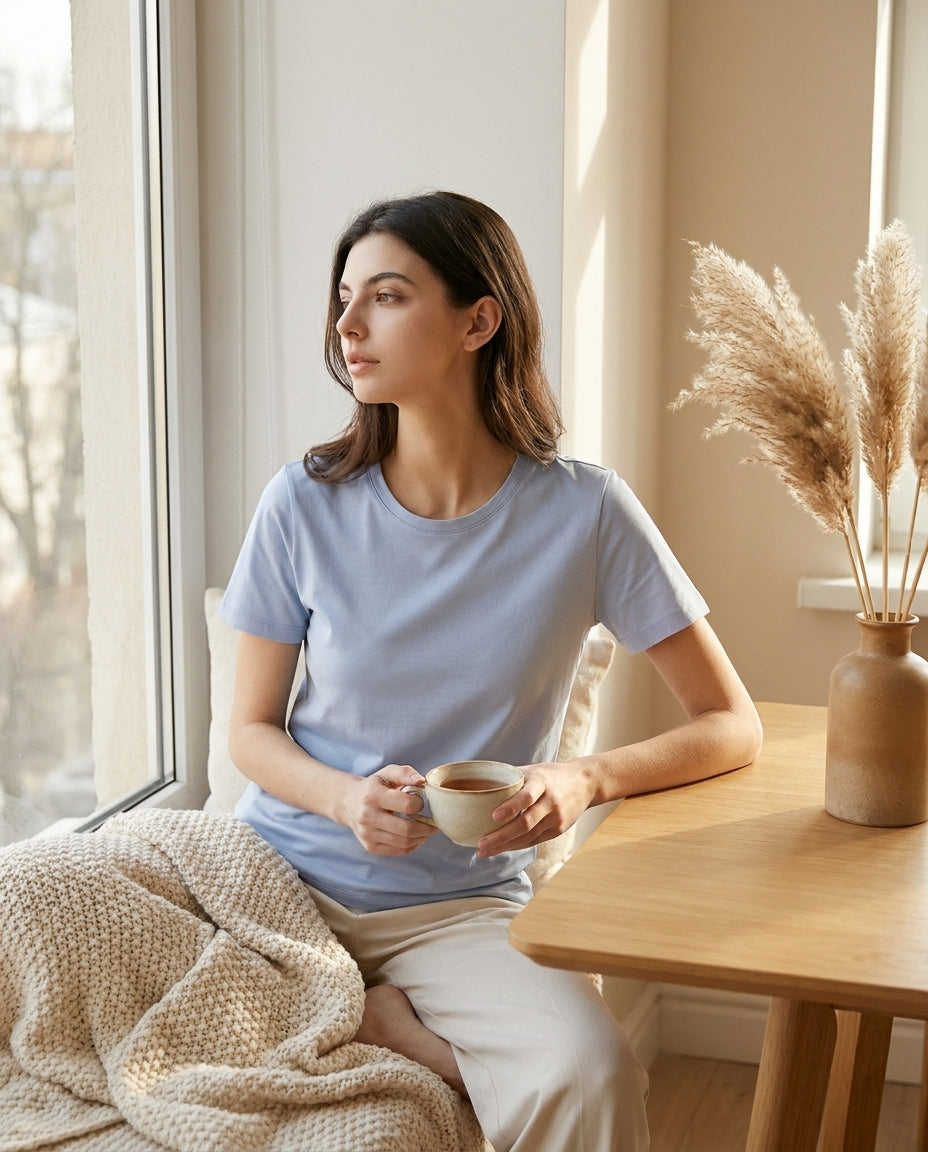 T-shirt en soie porté dans une scène cosy du matin - StudioSoie
