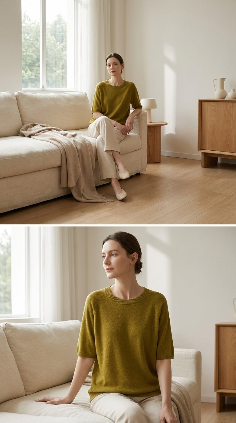 Pull en mérinos en flat-lay sur lin crème - StudioSoie