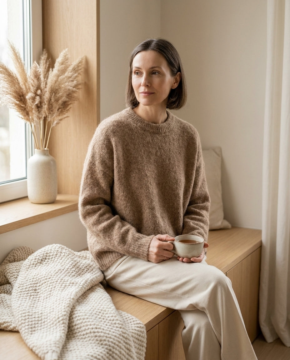 Pull en alpaga porté dans une scène cosy du matin - StudioSoie