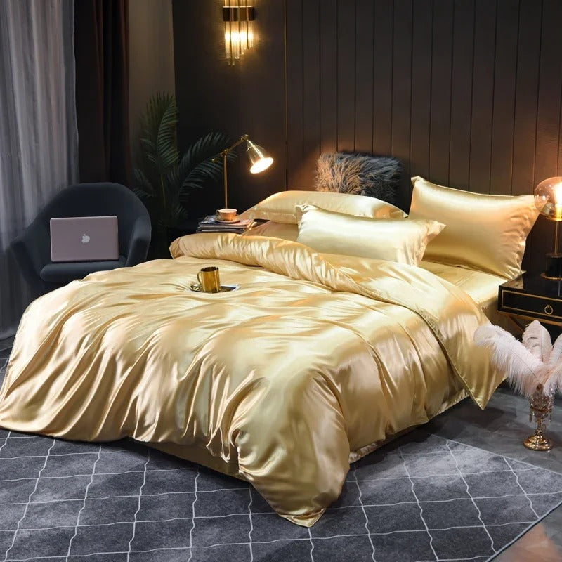 Parure De Lit 4 Pièces Satin Soie Crème - Drap Housse, Drap Plat, Taies D'oreiller, Pour Lit Double