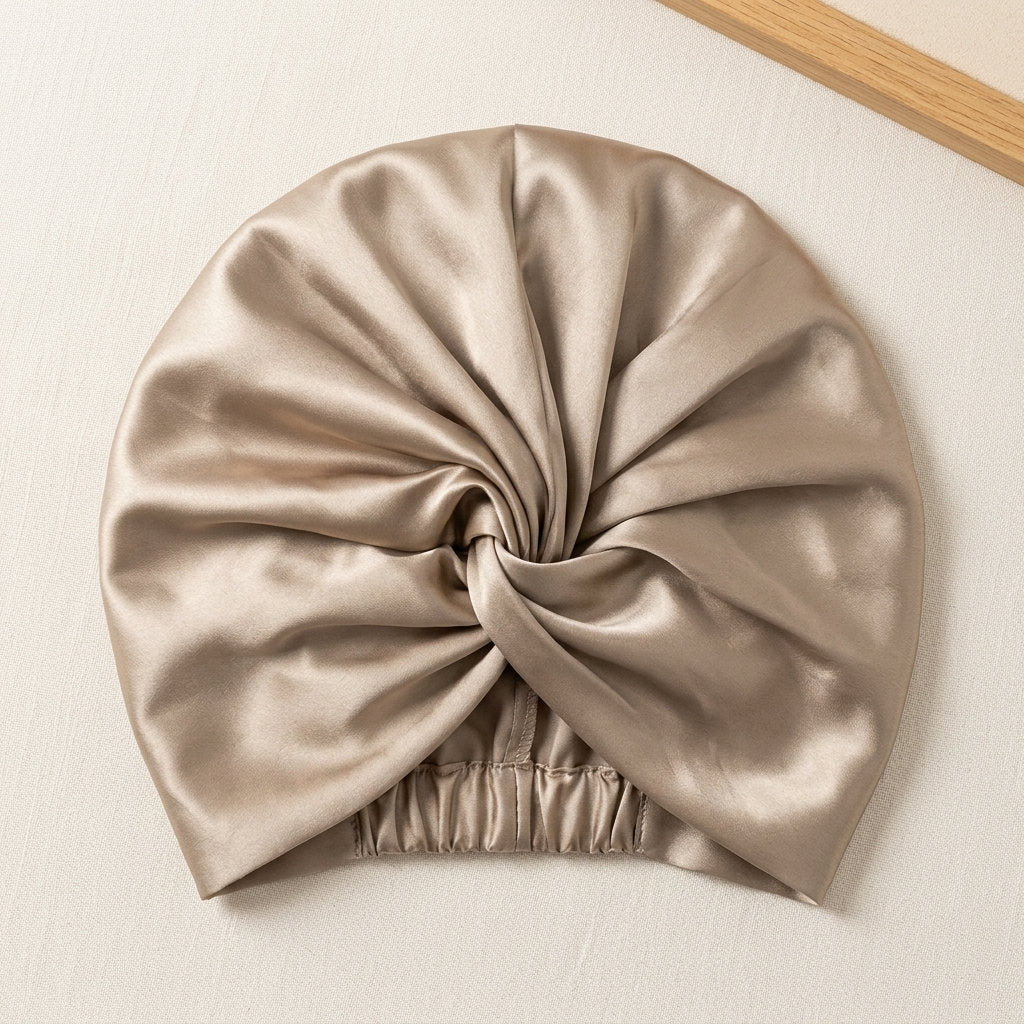 Bonnet turban en soie – coloris Gris Doré – StudioSoie
