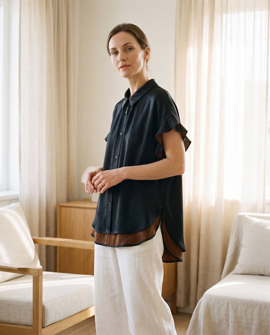 Chemise en soie xiangyun noire portée – StudioSoie