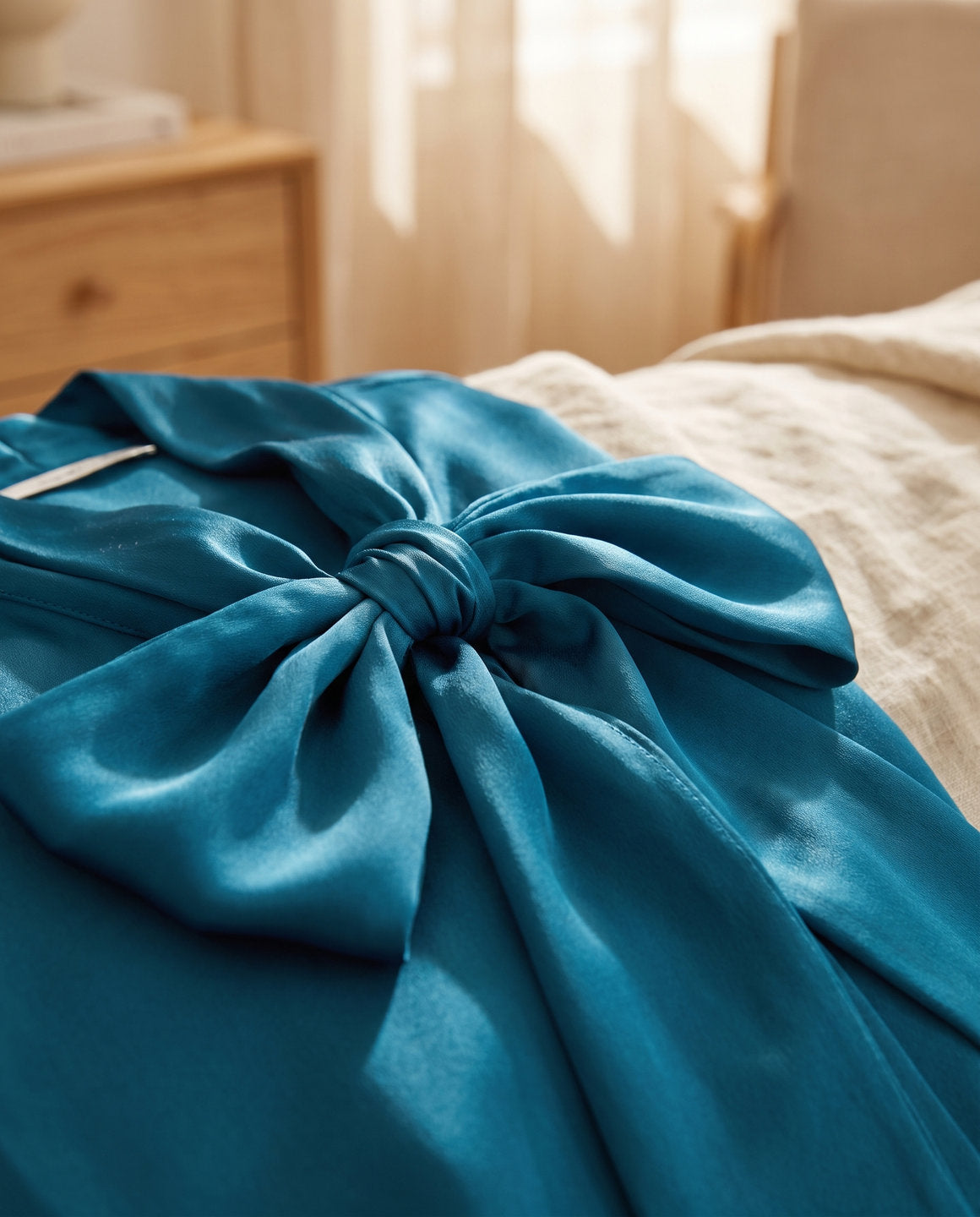 Détail du nœud lavallière en soie de mûrier bleu paon – StudioSoie