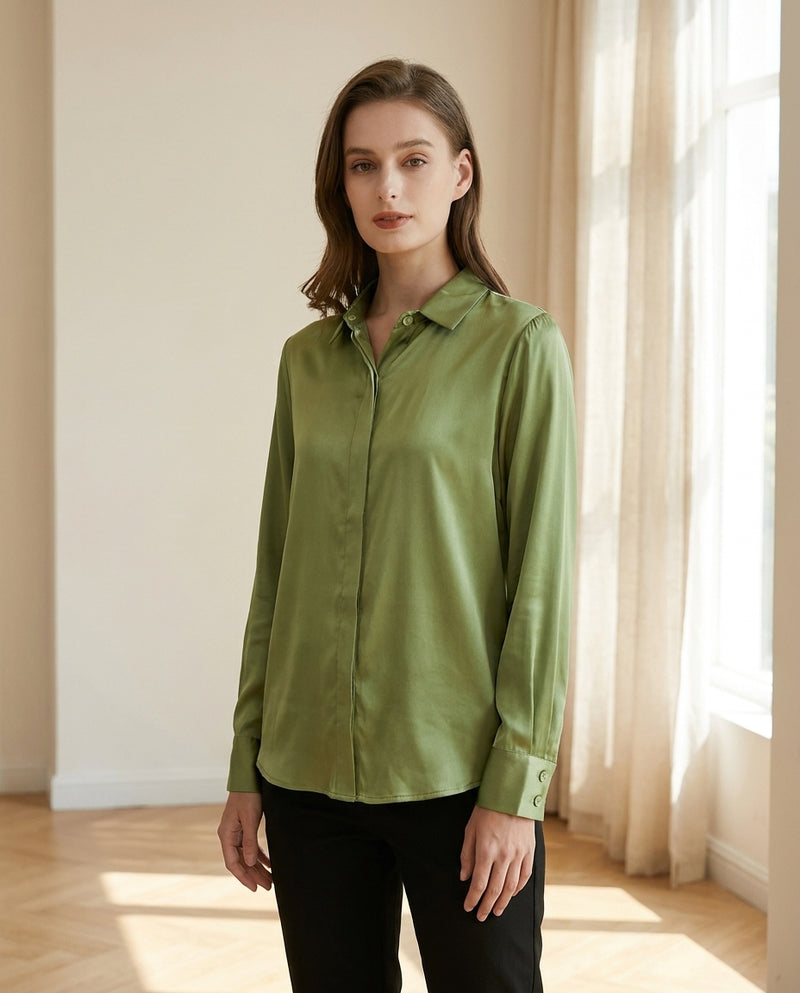 Chemisier en Soie de Mûrier 93% - Manches Longues Col Chemise Femme