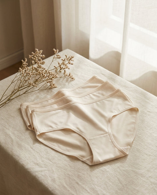 Lot de 3 culottes en soie de mûrier ivoire pliées sur lin crème - StudioSoie