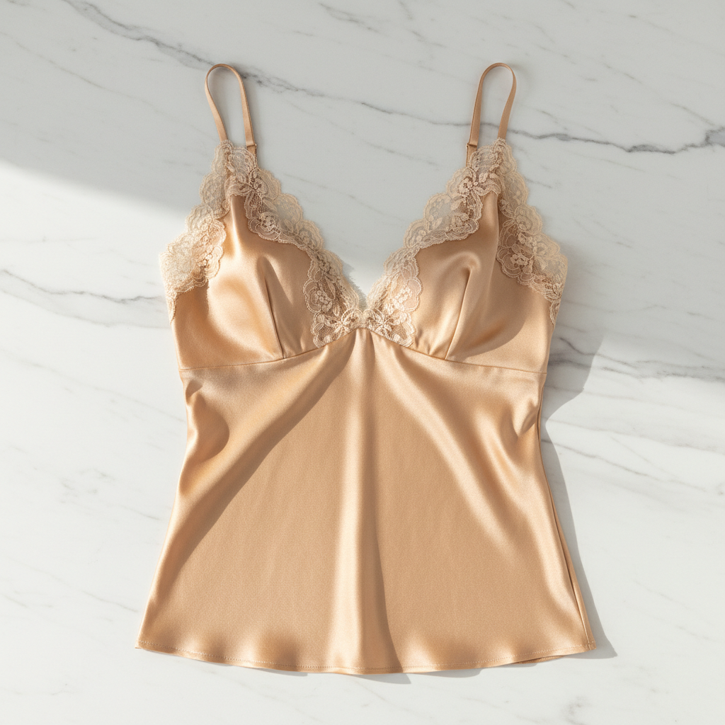 Premium Silketopp - V-hals med Blonder og Innebygd BH - Vårnyhet 2026Birdtree, Dame 19MM 93 % Silke 7 % Spandex Topp med Innebygd BH, Ensfarget Blonder V-hals, 2026 Vår Nyhet T61510JF
