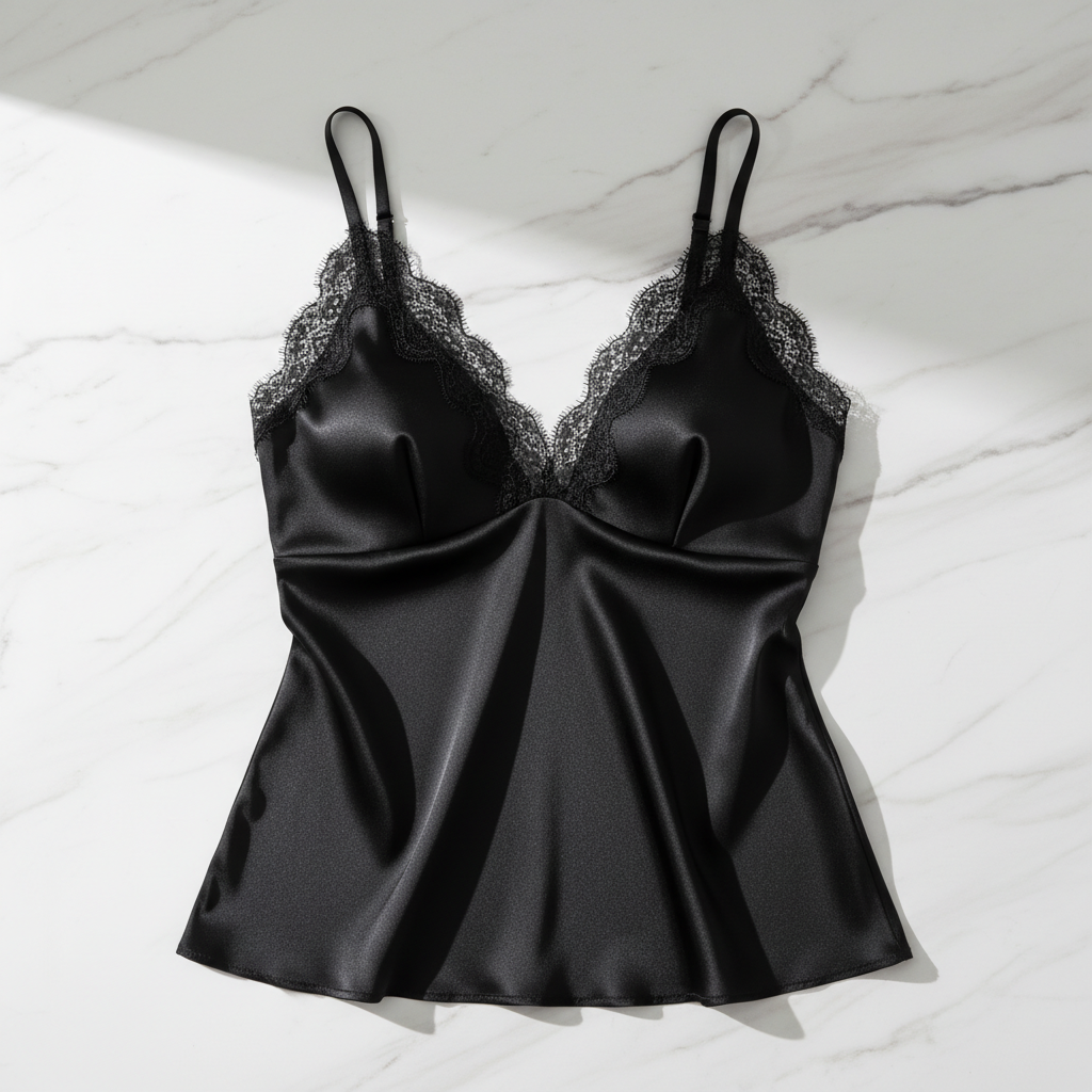 Premium Silketopp - V-hals med Blonder og Innebygd BH - Vårnyhet 2026Birdtree, Dame 19MM 93 % Silke 7 % Spandex Topp med Innebygd BH, Ensfarget Blonder V-hals, 2026 Vår Nyhet T61510JF