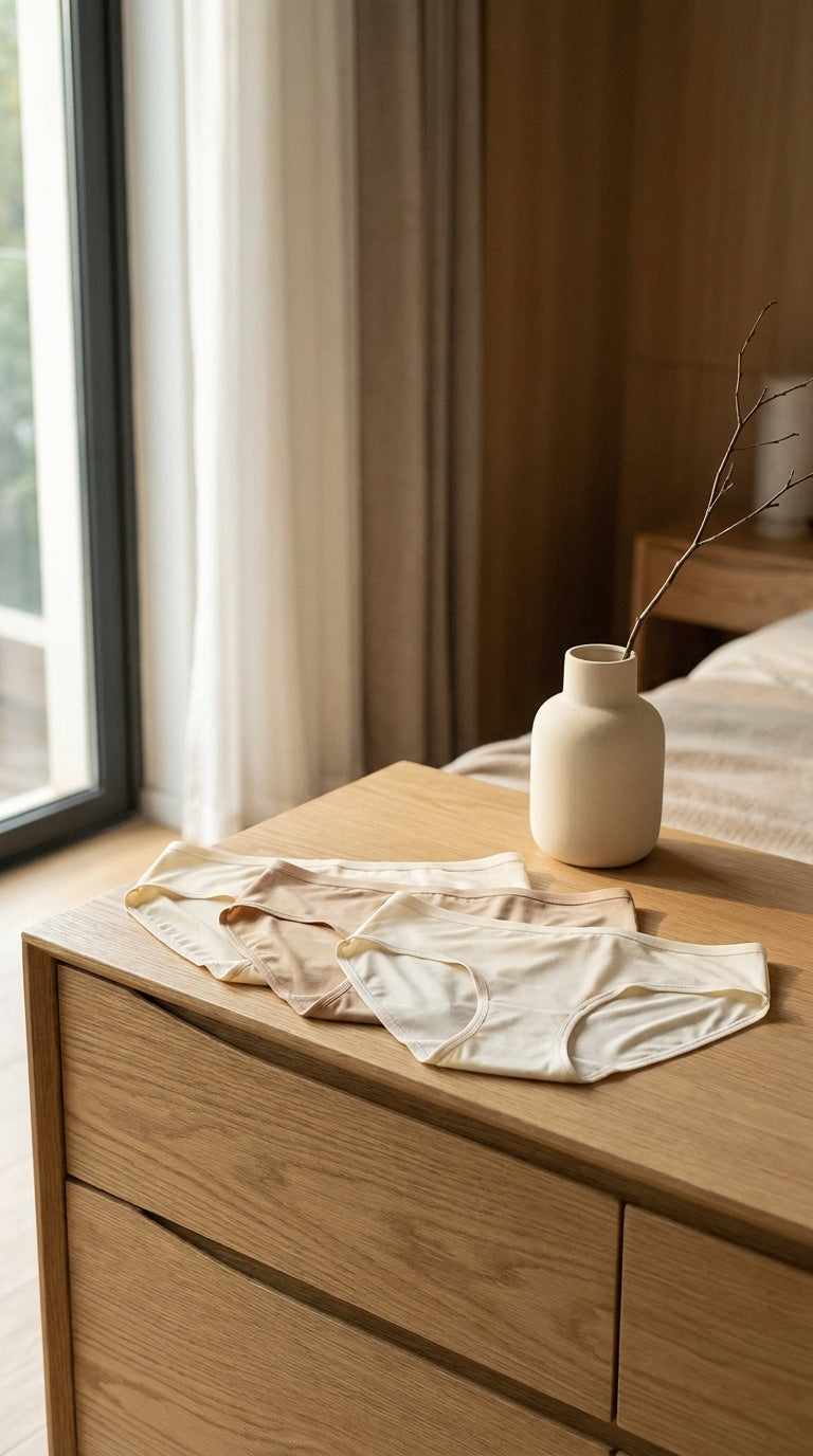 Les trois culottes en soie disposées sur une commode en chêne - StudioSoie