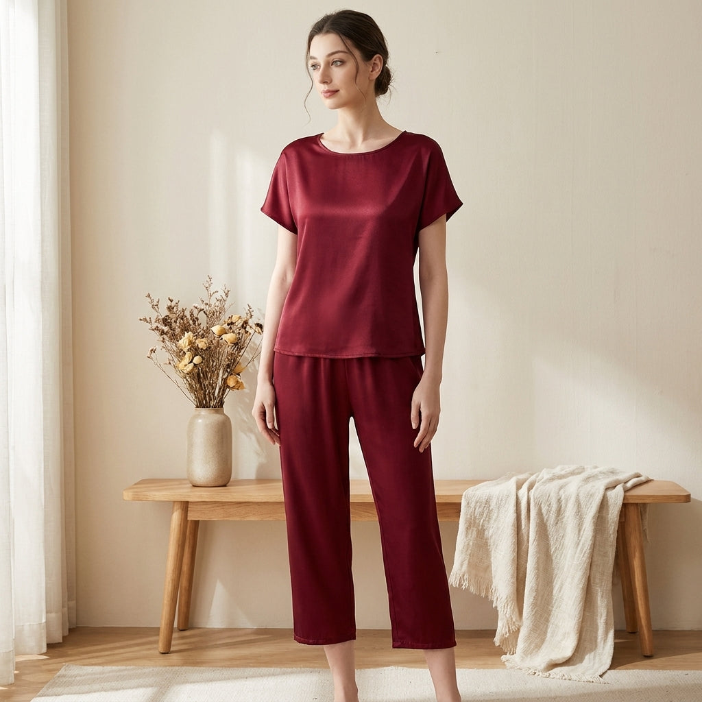 Ensemble Pyjama en Soie de Mûrier 19 Momme - Haut Manches Courtes & Pantalon Capri Femme - StudioSoie