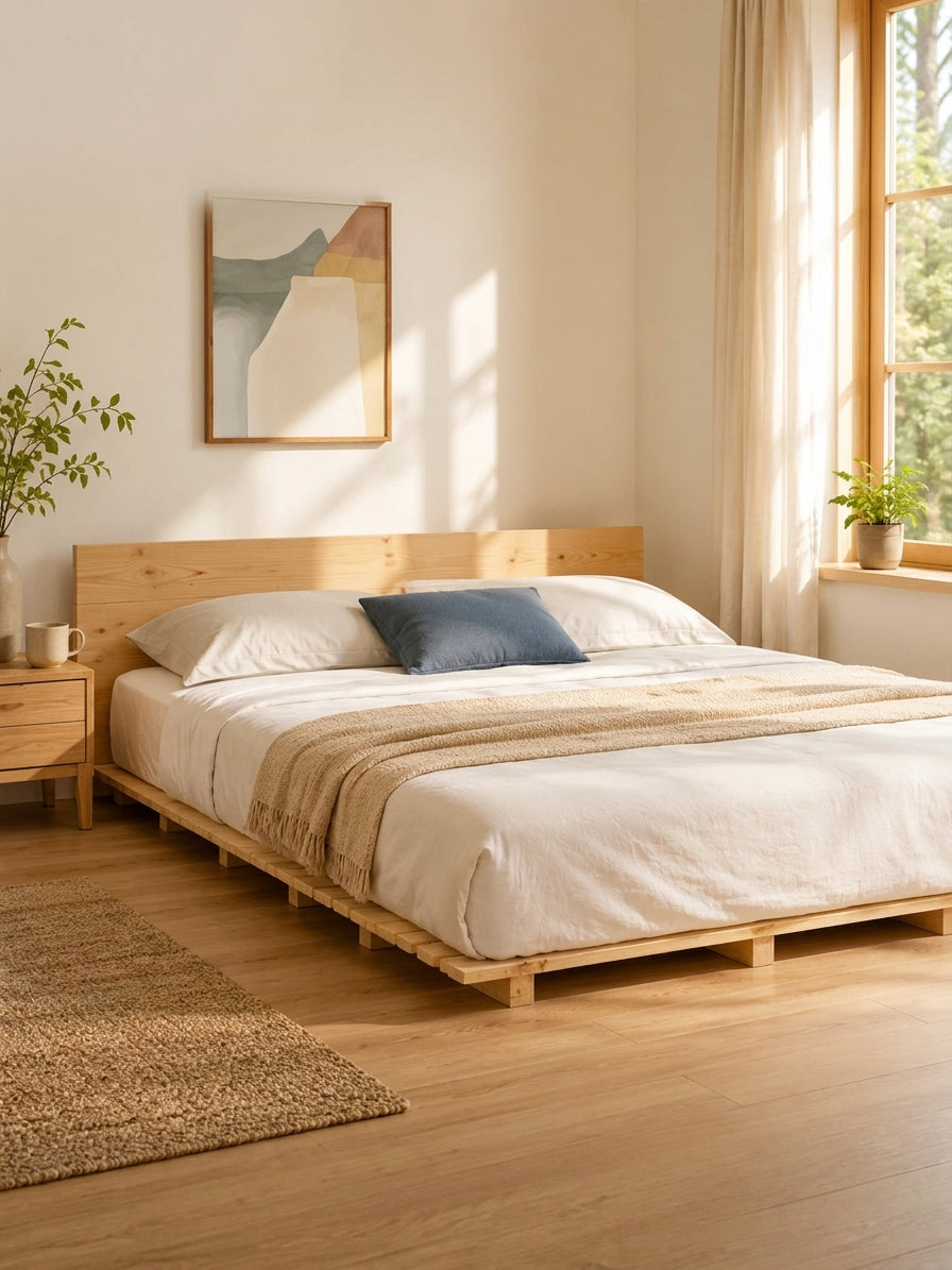 Lit en pin dans une chambre naturelle cosy