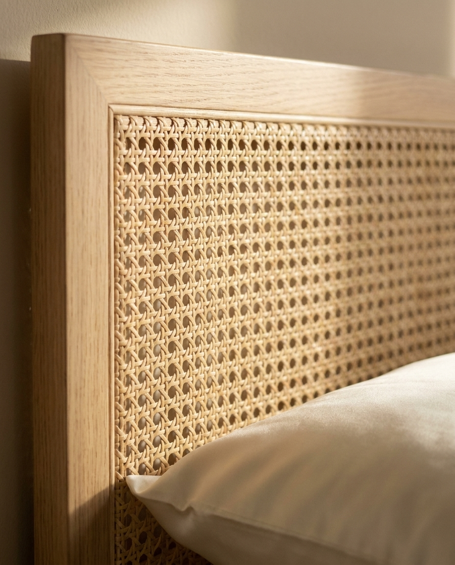 Détail du cannage de rotin tissé et du bois chêne clair de la tête de lit ELARA - StudioSoie