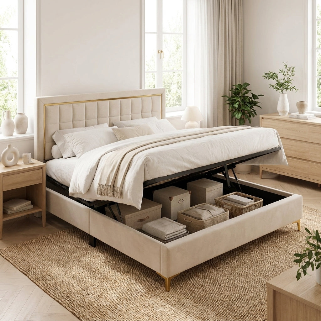 Lit velours beige avec coffre de rangement ouvert