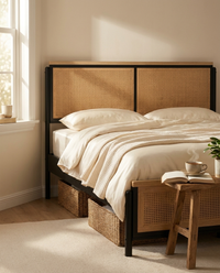 Lit NAYA rotin naturel avec paniers de rangement sous le lit, ambiance matinale - StudioSoie