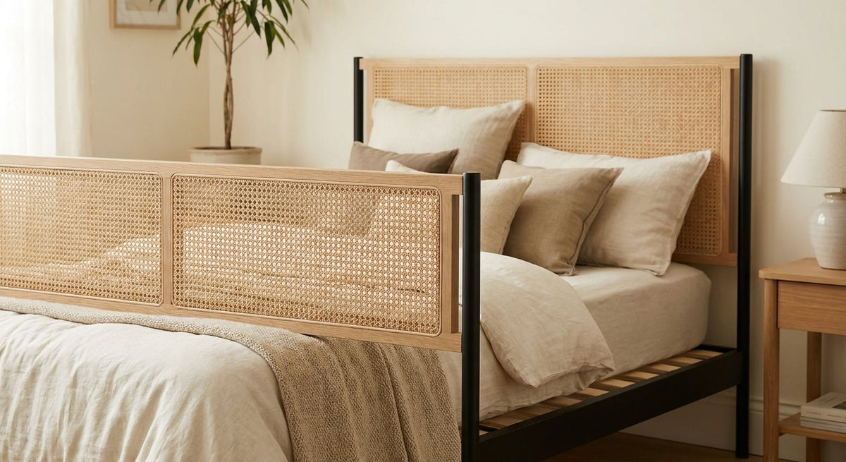 Lit rotin, détail de la tête de lit en cannage tressé - StudioSoie