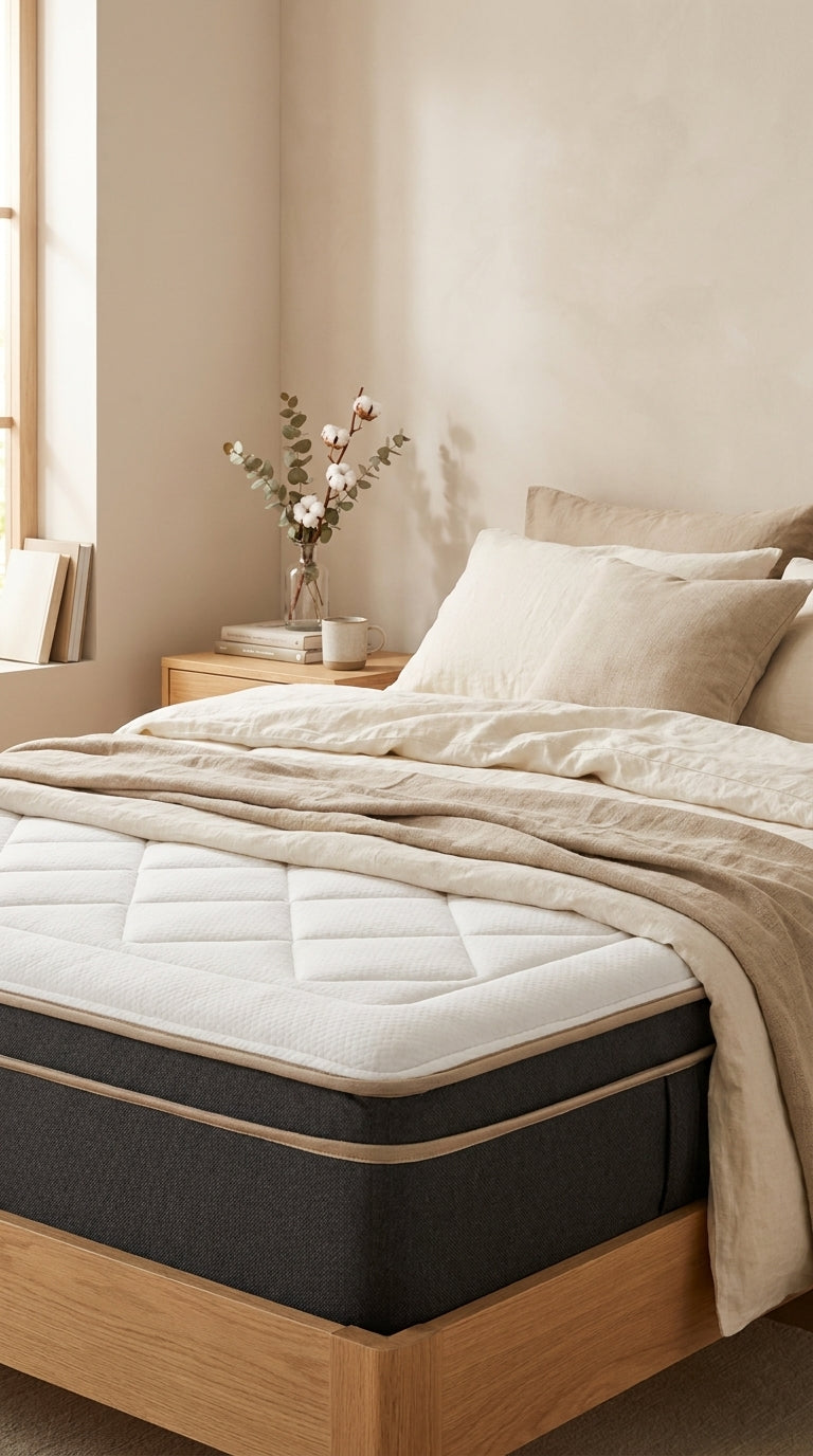 Lit habillé de lin crème avec le matelas 7 zones, nature morte cosy