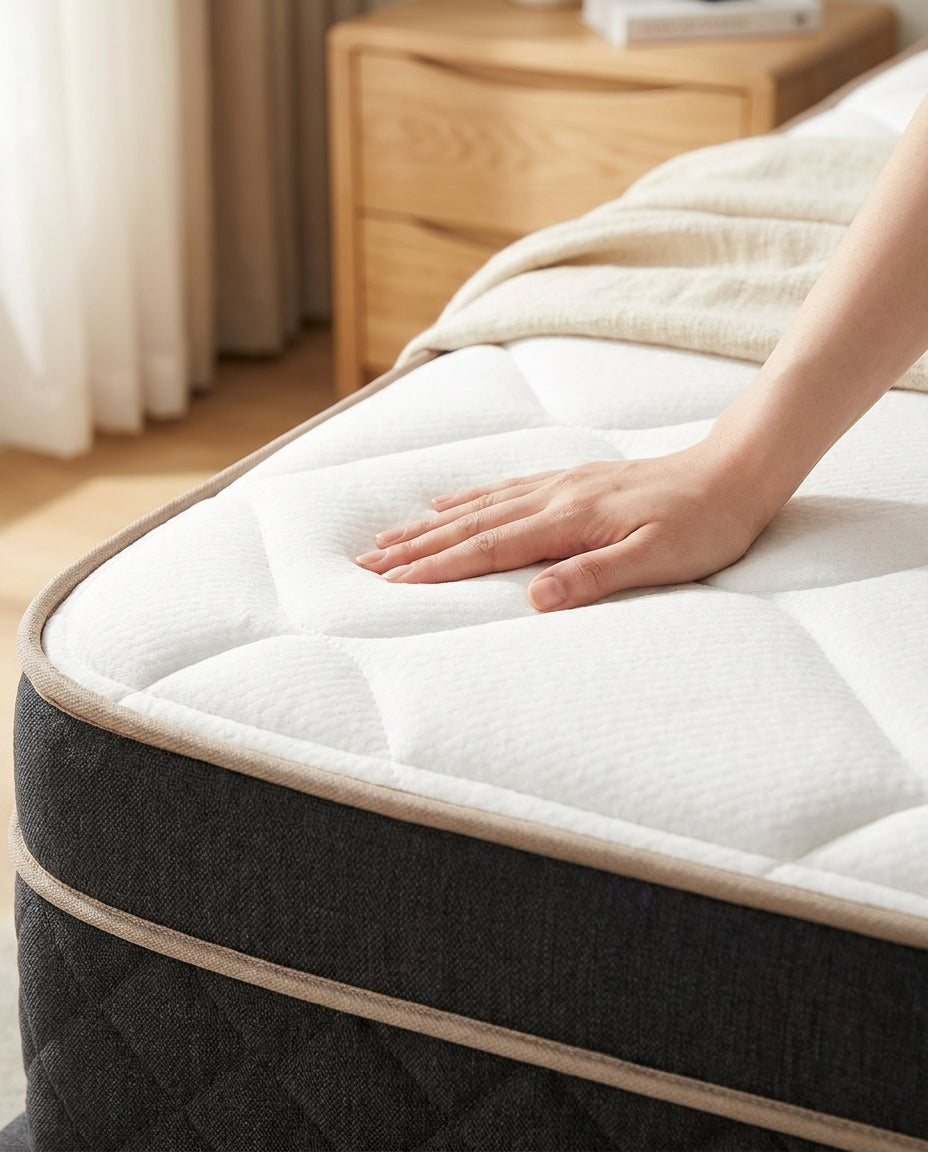Gros plan sur le tissu matelassé respirant du matelas StudioSoie