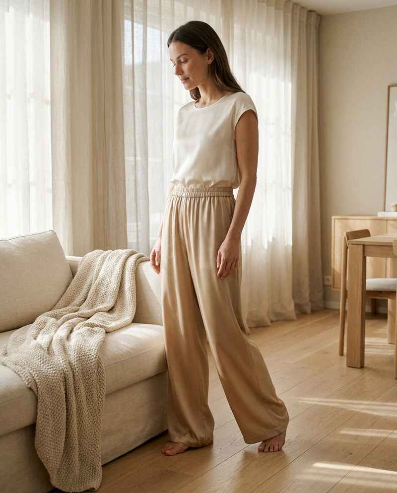 Calças Fluídas - 93% Seda Natural