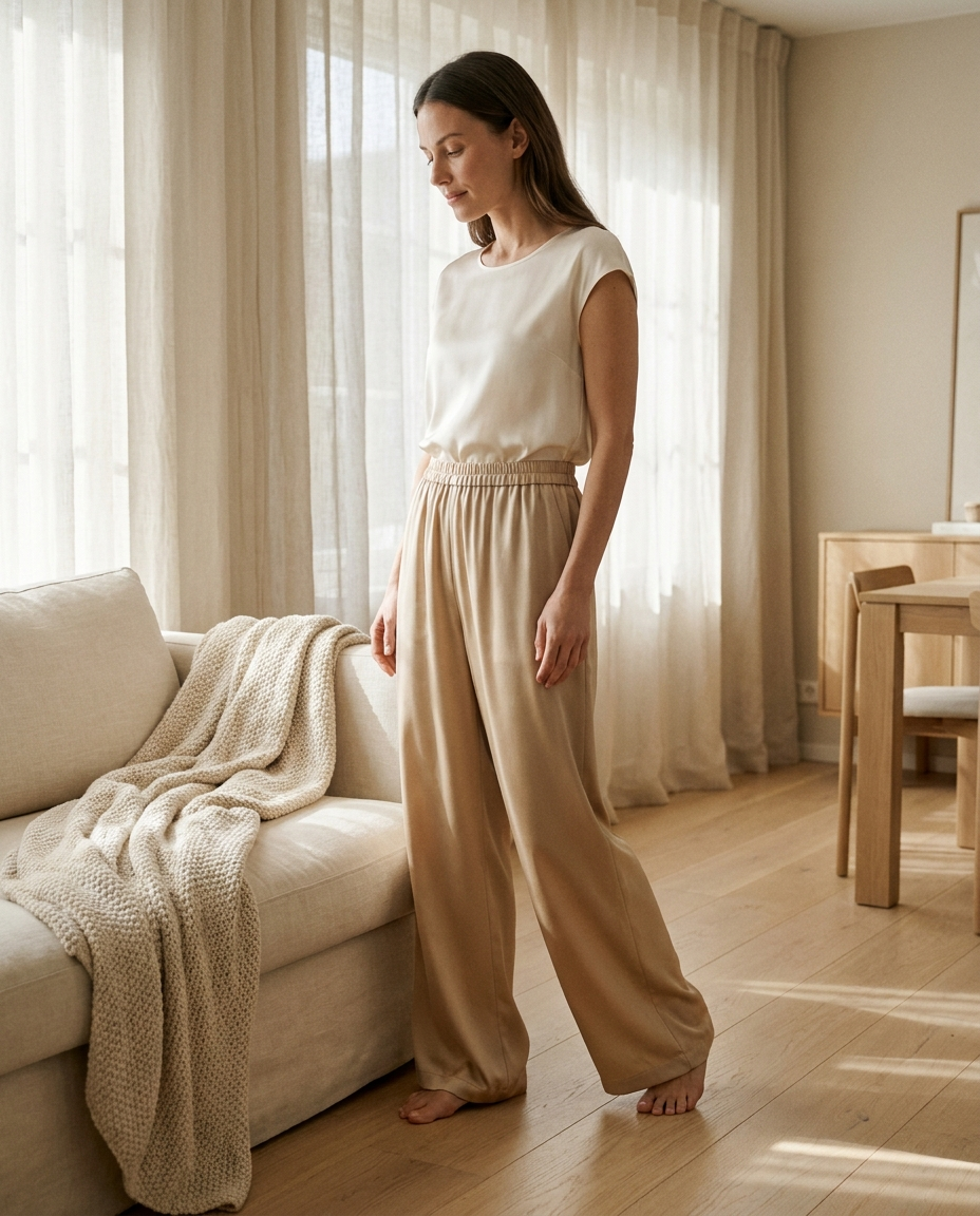 Calças Fluídas - 93% Seda Natural