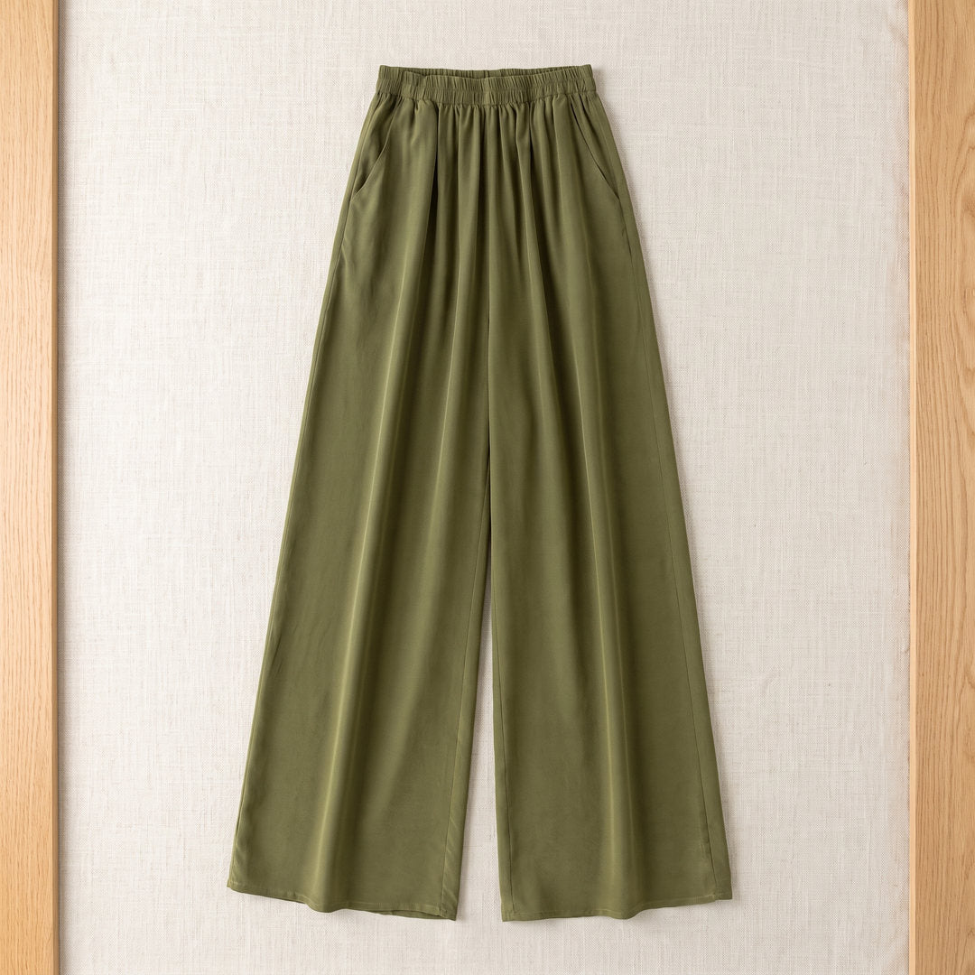 Pantalon large en soie de mûrier – Vert Olive