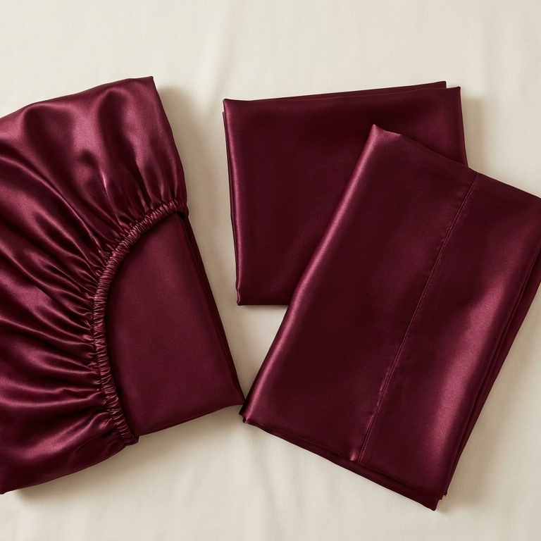 Parure de lit 3 pièces en satin glossy bordeaux - StudioSoie